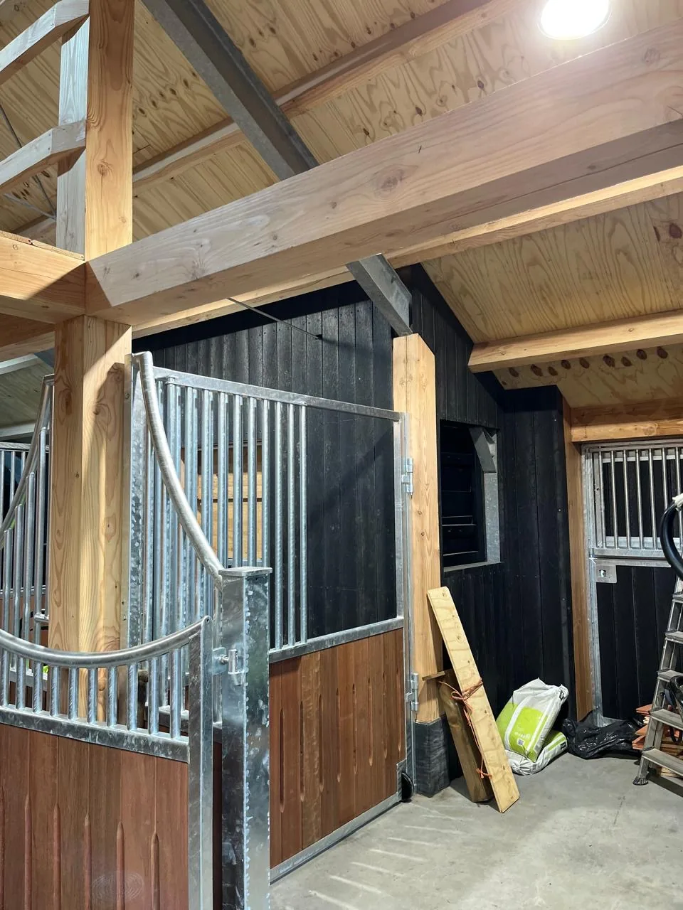 Stal met houten balkenconstructie en boxafscheidingen